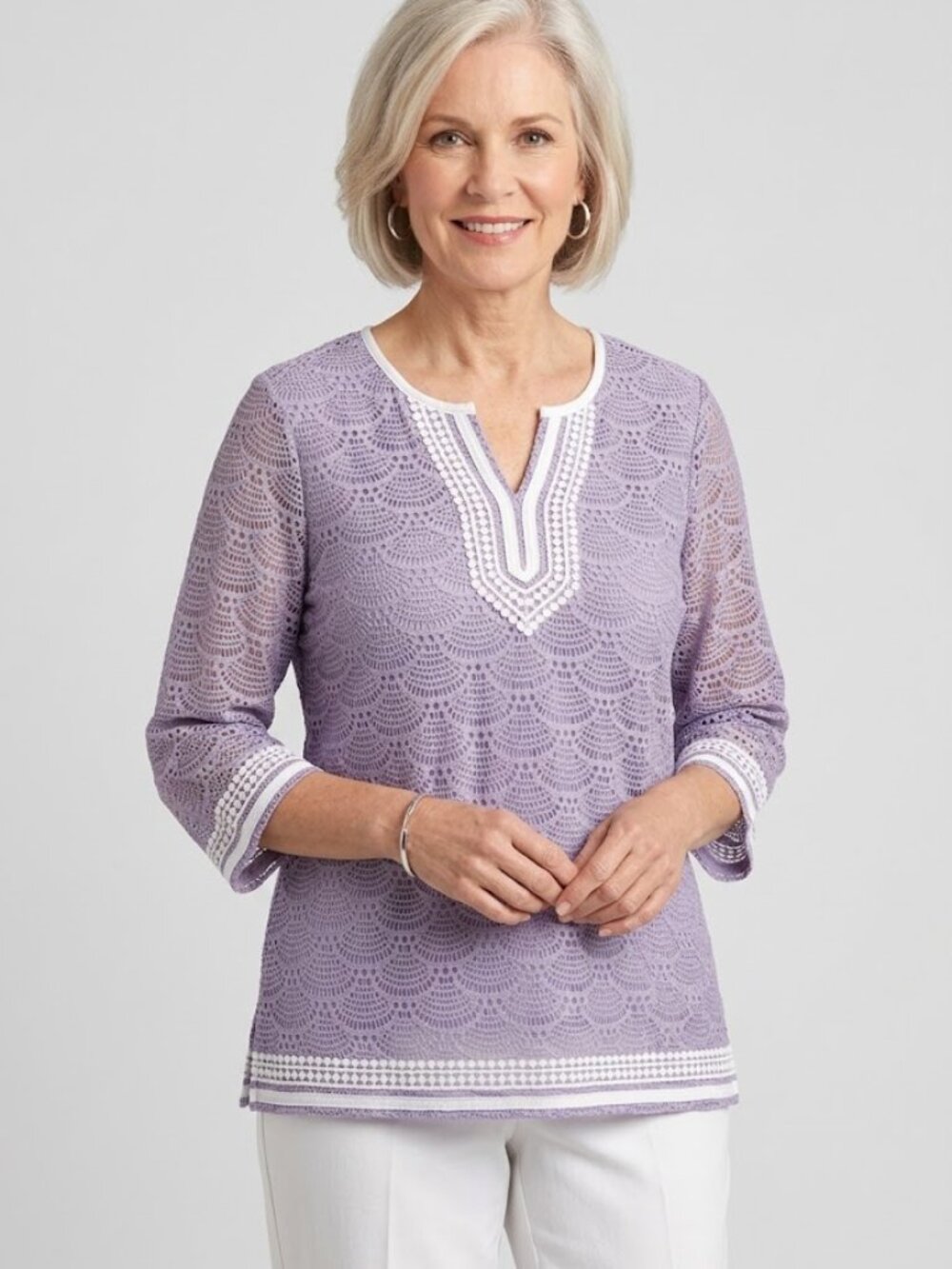 Alfred Dunner light Lavender Lace Overlay eyelet 3/4 sleeve Tunic Top sz M